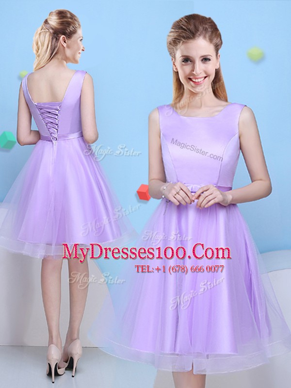 Scoop Sleeveless Lace Up Bridesmaid Dresses Lavender Tulle