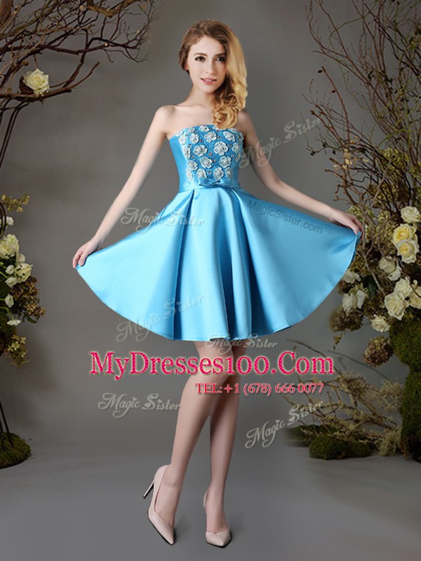 Mini Length Baby Blue Vestidos de Damas Satin Sleeveless Appliques and Bowknot