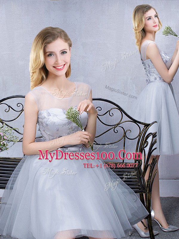 High End Scoop Sleeveless Lace and Appliques and Belt Lace Up Bridesmaid Dresses
