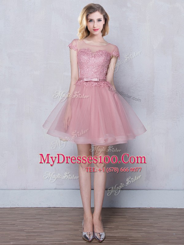 Simple Scoop Short Sleeves Damas Dress Mini Length Lace and Appliques and Belt Pink Tulle