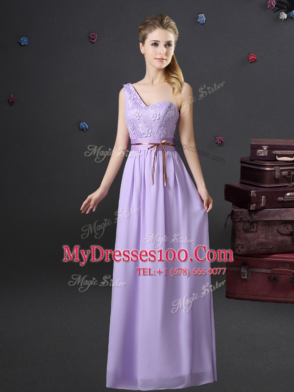 Simple Empire Wedding Guest Dresses Lavender One Shoulder Chiffon Sleeveless Floor Length Lace Up