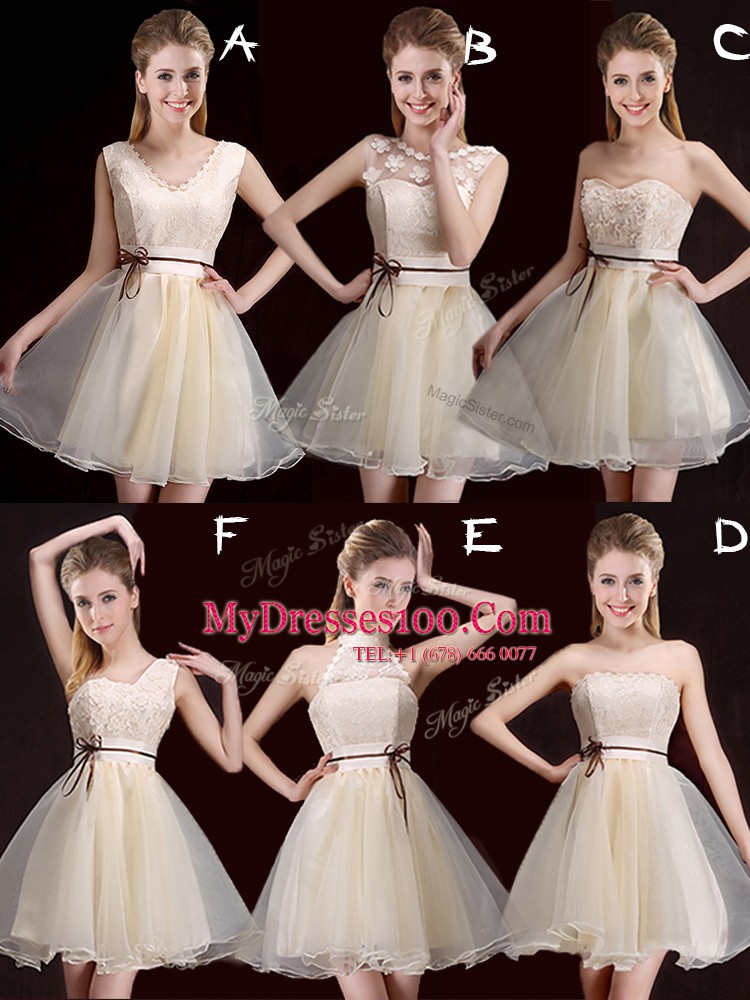 Great Champagne Lace Up V-neck Lace and Appliques and Belt Quinceanera Dama Dress Organza Sleeveless