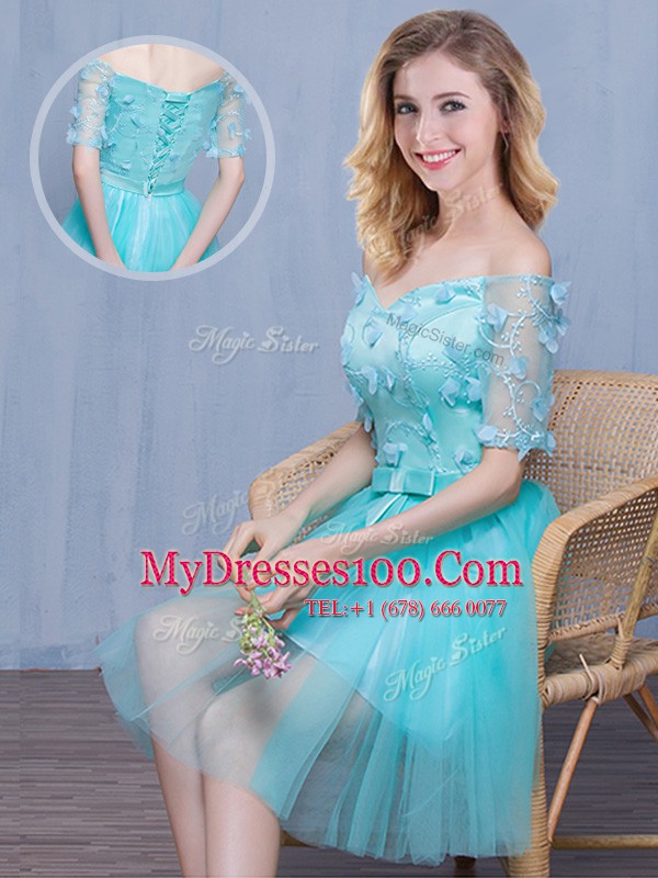 Off the Shoulder Lace and Appliques and Bowknot Quinceanera Court Dresses Aqua Blue Lace Up Short Sleeves Knee Length