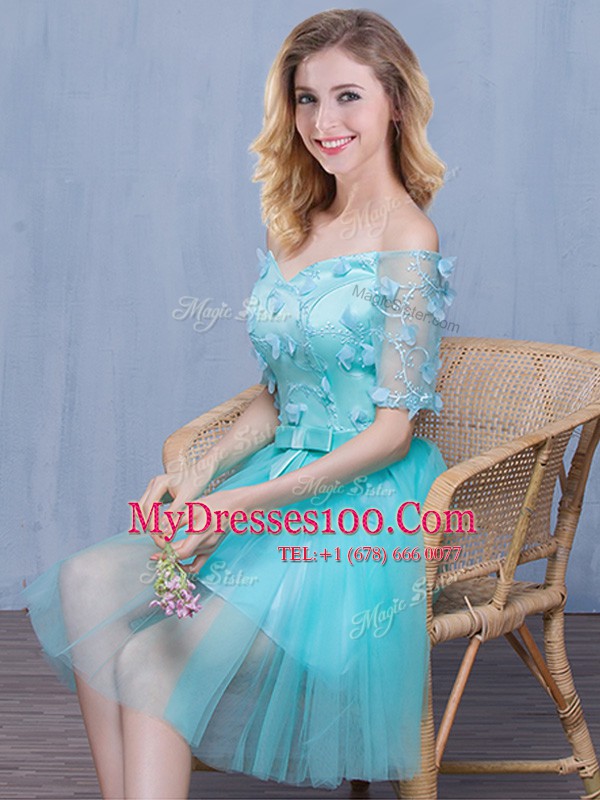 Off the Shoulder Lace and Appliques and Bowknot Quinceanera Court Dresses Aqua Blue Lace Up Short Sleeves Knee Length