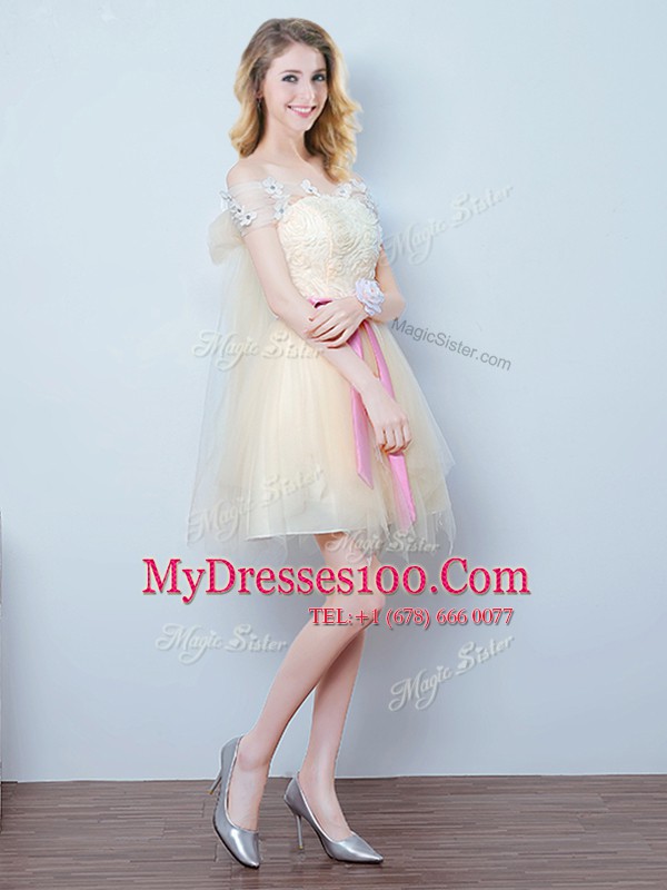 Hot Sale Off the Shoulder Short Sleeves Lace and Appliques and Ruffles and Bowknot Lace Up Damas Dress