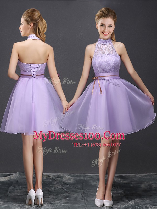 Discount Mini Length Lavender Quinceanera Dama Dress Halter Top Sleeveless Lace Up