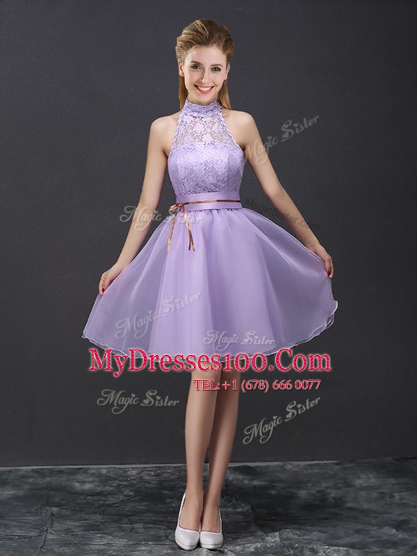 Discount Mini Length Lavender Quinceanera Dama Dress Halter Top Sleeveless Lace Up