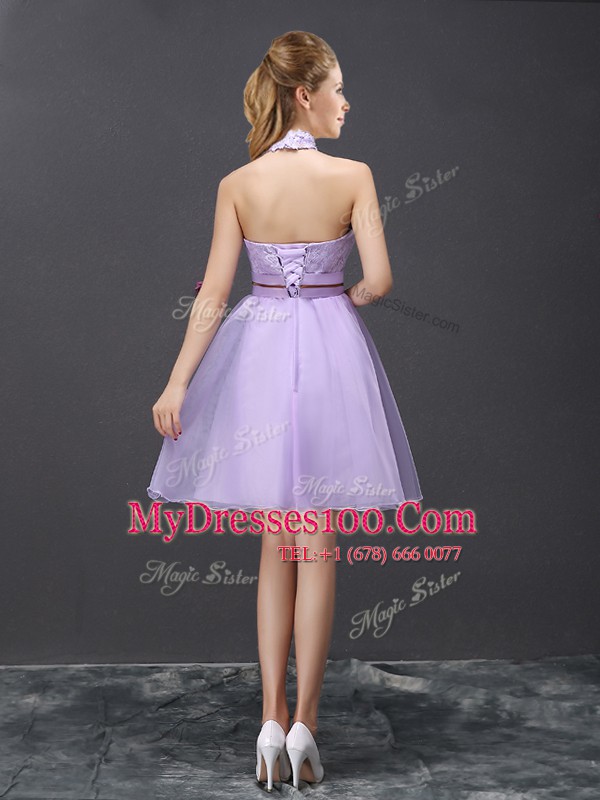 Discount Mini Length Lavender Quinceanera Dama Dress Halter Top Sleeveless Lace Up