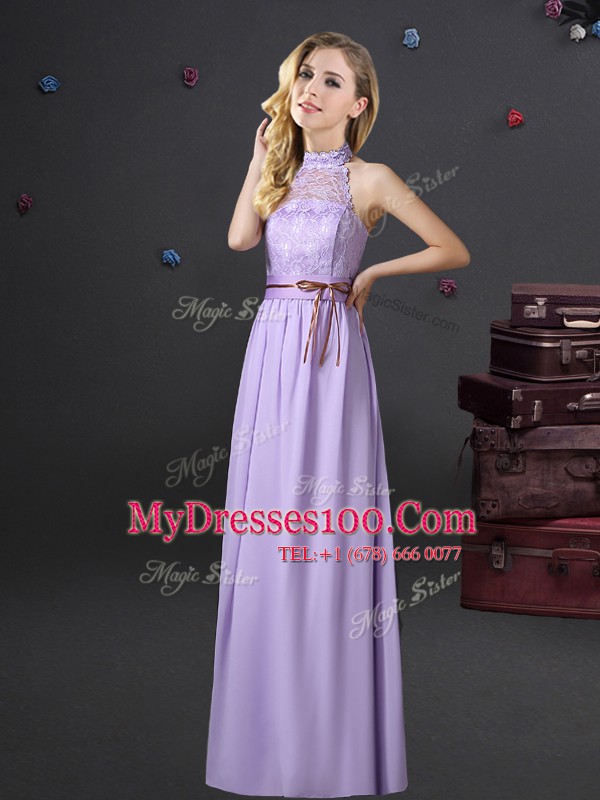 Delicate Halter Top Lavender Sleeveless Lace and Belt Floor Length Bridesmaid Dresses