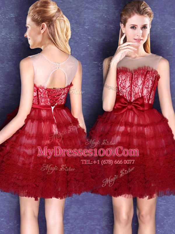 Wine Red Scoop Lace Up Lace and Bowknot Damas Dress Sleeveless