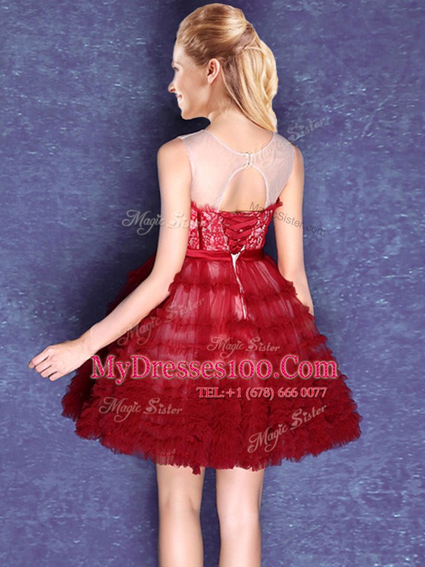 Wine Red Scoop Lace Up Lace and Bowknot Damas Dress Sleeveless
