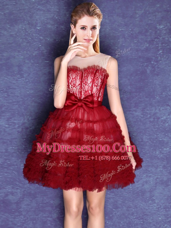 Wine Red Scoop Lace Up Lace and Bowknot Damas Dress Sleeveless
