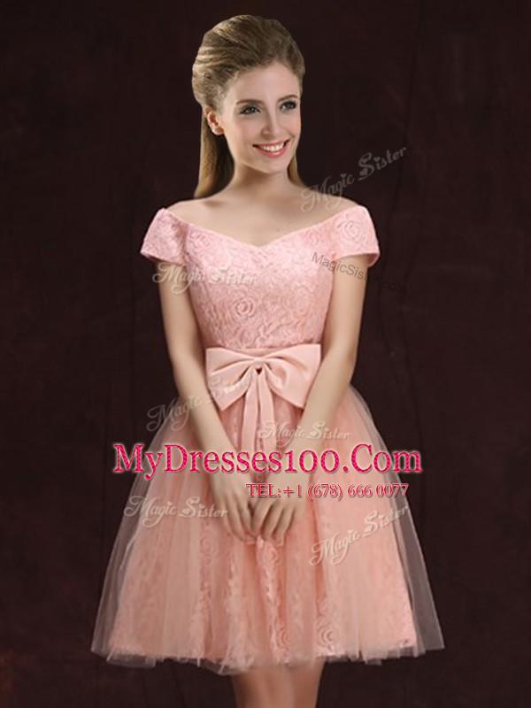 Modern Peach Off The Shoulder Neckline Lace and Bowknot Dama Dress for Quinceanera Short Sleeves Lace Up