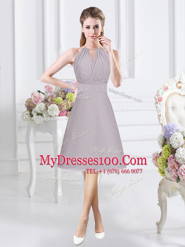 Charming Halter Top Grey A-line Lace and Ruching Bridesmaids Dress Zipper Chiffon Sleeveless Knee Length