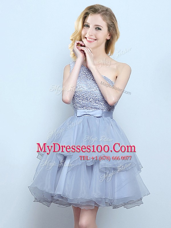 Organza One Shoulder Sleeveless Lace Up Lace and Ruffles and Belt Court Dresses for Sweet 16 in Grey
