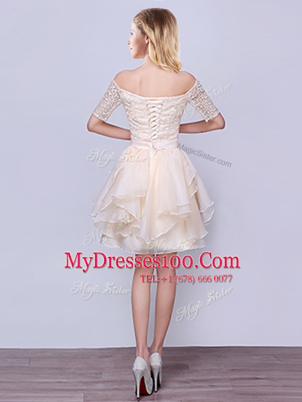 Champagne Off The Shoulder Lace Up Lace and Ruffles and Belt Vestidos de Damas Short Sleeves