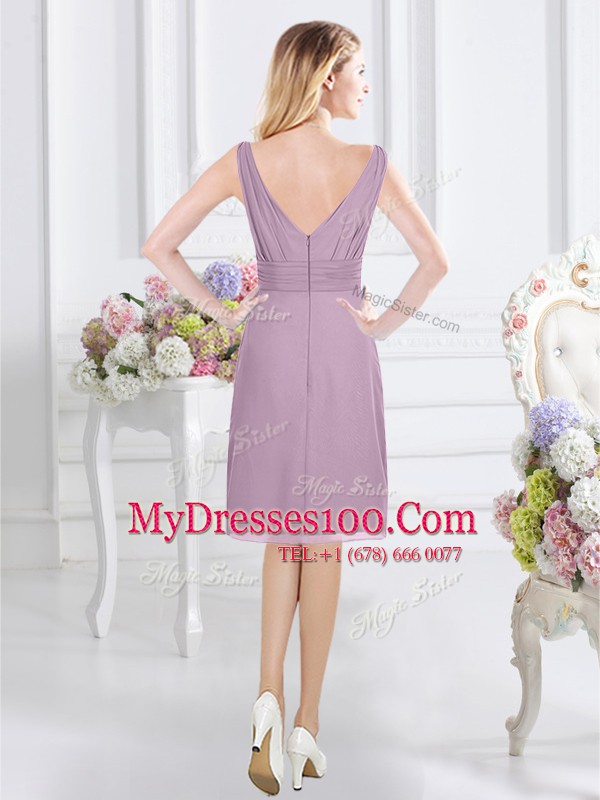 Glittering Lavender A-line V-neck Sleeveless Chiffon Knee Length Zipper Ruching Bridesmaid Dress