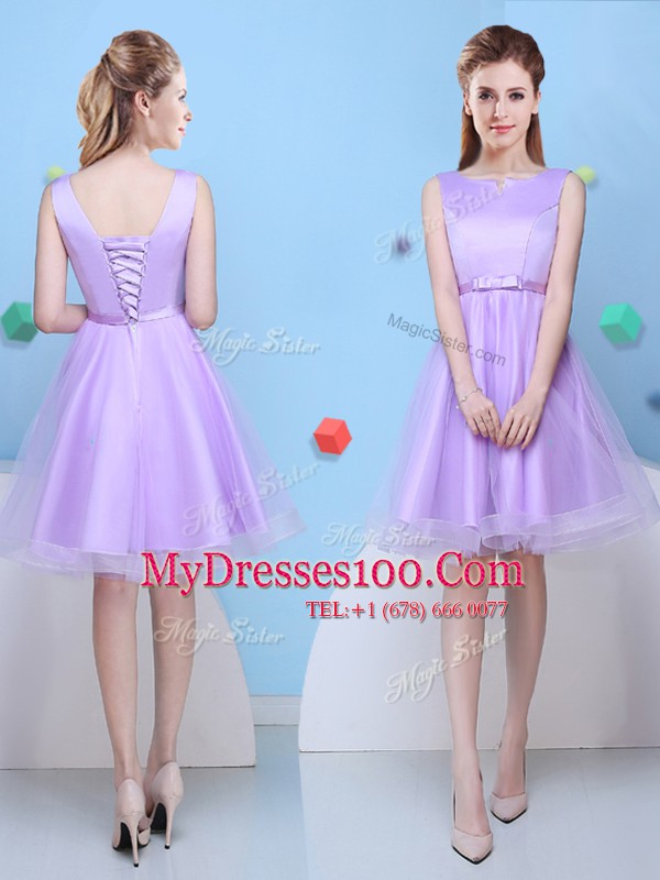 Admirable Scoop Sleeveless Bridesmaid Dress Knee Length Bowknot Lavender Tulle