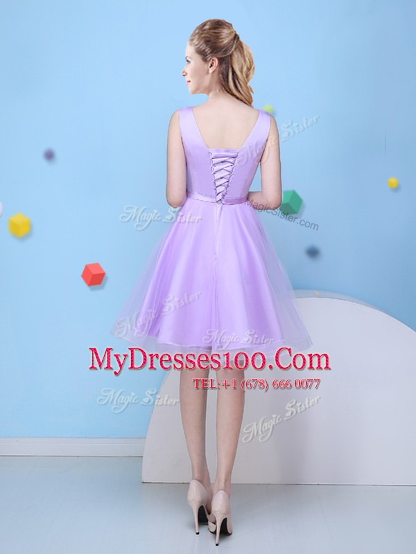 Admirable Scoop Sleeveless Bridesmaid Dress Knee Length Bowknot Lavender Tulle
