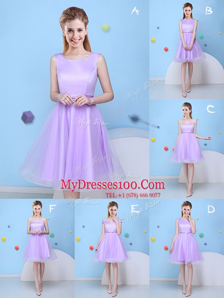 Admirable Scoop Sleeveless Bridesmaid Dress Knee Length Bowknot Lavender Tulle