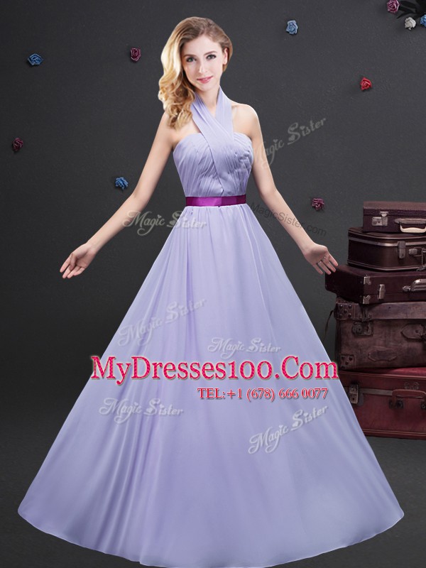 Fabulous Halter Top Floor Length Zipper Bridesmaid Dresses Lavender for Prom and Party with Belt