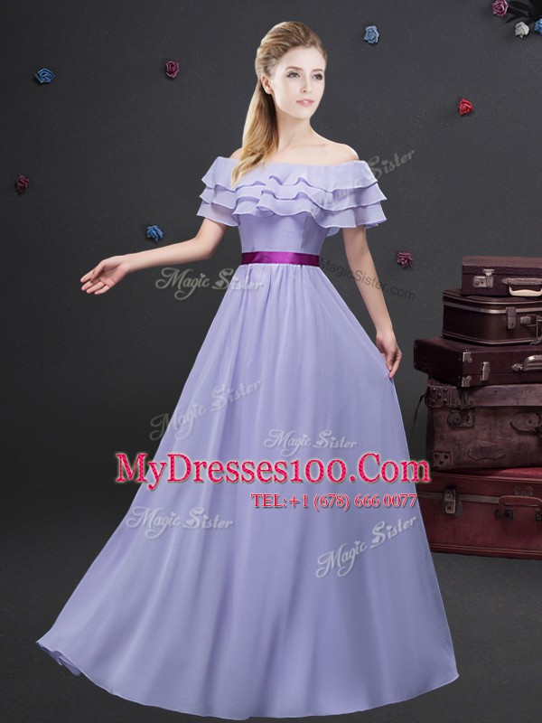 Best Selling Off the Shoulder Lavender Short Sleeves Floor Length Ruffled Layers and Belt Zipper Wedding Guest Dresses