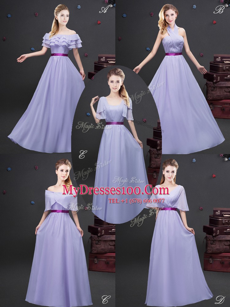 Best Selling Off the Shoulder Lavender Short Sleeves Floor Length Ruffled Layers and Belt Zipper Wedding Guest Dresses