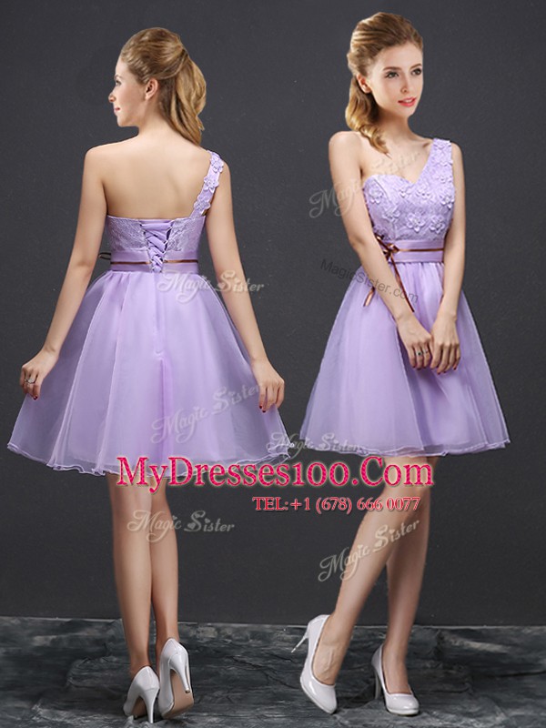 Modern Lavender Quinceanera Dama Dress Prom and Party and Wedding Party and For with Lace One Shoulder Sleeveless Lace Up