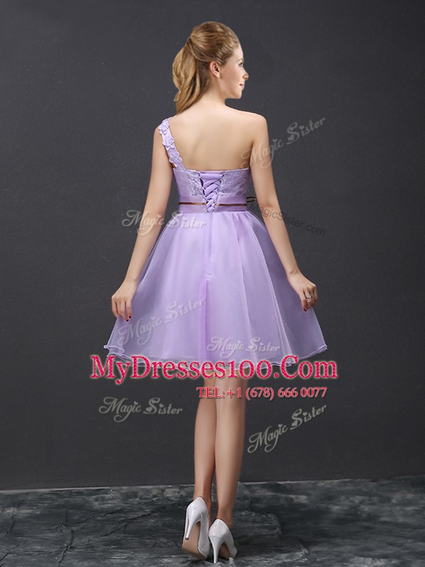 Modern Lavender Quinceanera Dama Dress Prom and Party and Wedding Party and For with Lace One Shoulder Sleeveless Lace Up