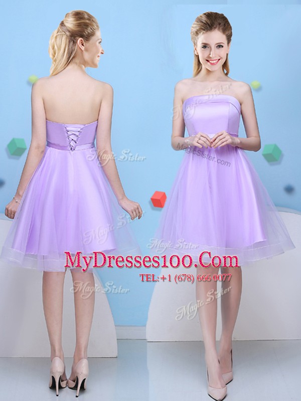 Sophisticated Lavender Sleeveless Knee Length Bowknot Lace Up Bridesmaid Gown