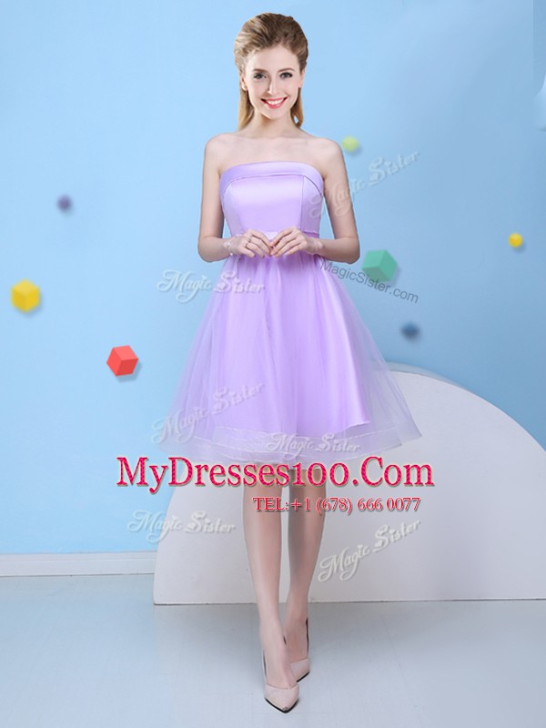 Sophisticated Lavender Sleeveless Knee Length Bowknot Lace Up Bridesmaid Gown