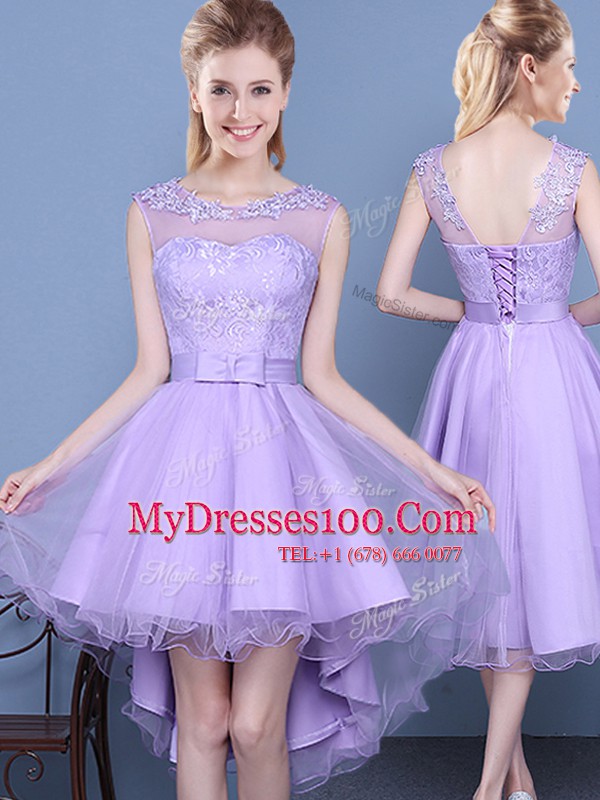 Sleeveless High Low Lace and Bowknot Lace Up Bridesmaid Dress with Lavender