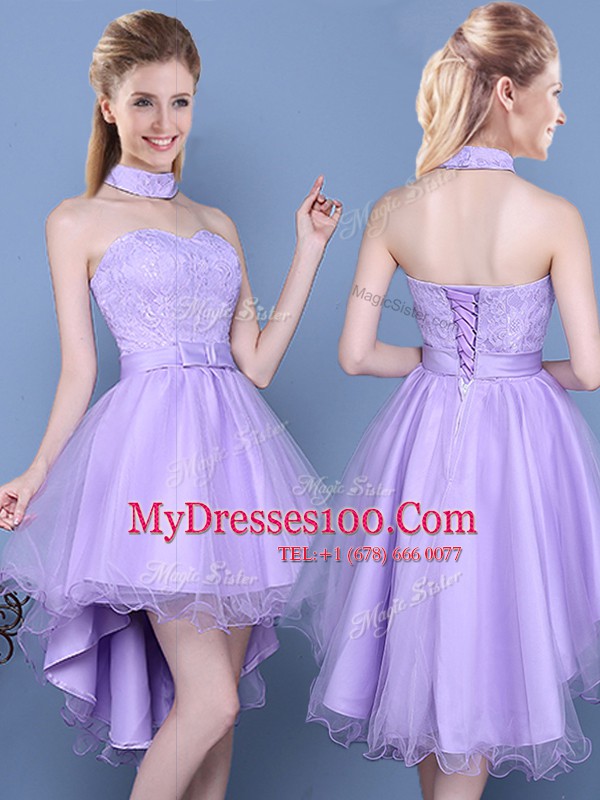 Sleeveless High Low Lace and Bowknot Lace Up Bridesmaid Dress with Lavender