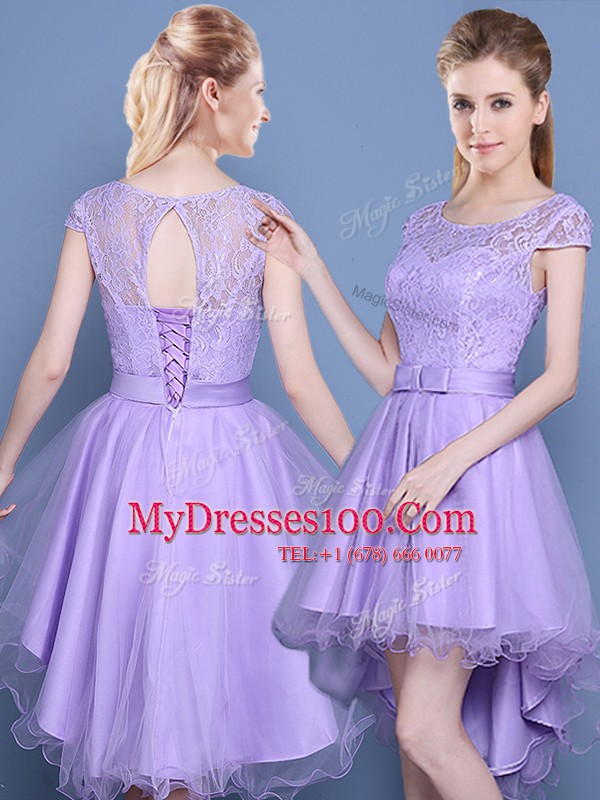 Sleeveless High Low Lace and Bowknot Lace Up Bridesmaid Dress with Lavender