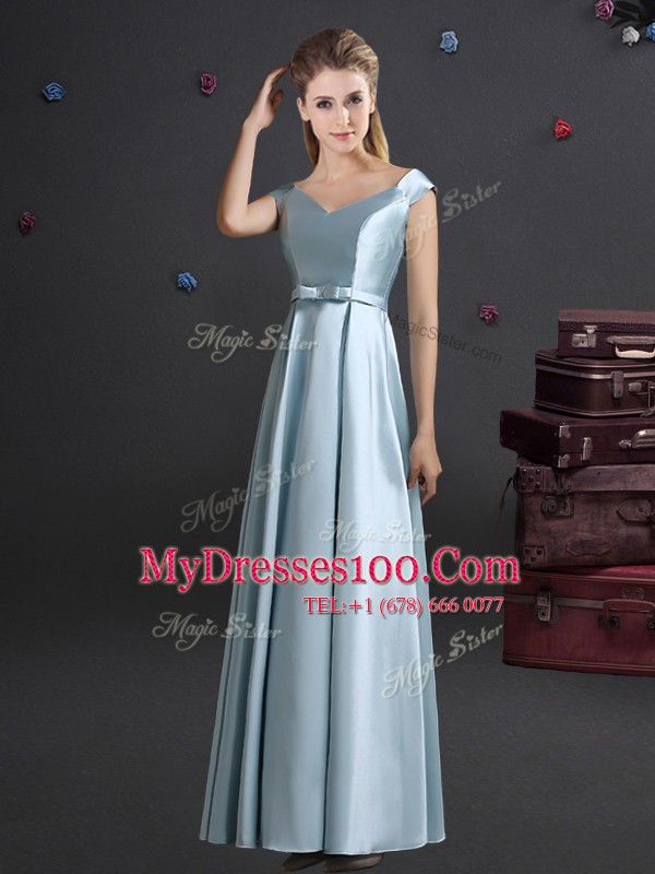 New Arrival Off the Shoulder Floor Length Empire Cap Sleeves Light Blue Bridesmaid Dress Zipper
