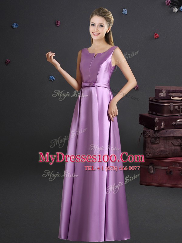 Empire Bridesmaid Gown Lilac Square Elastic Woven Satin Sleeveless Floor Length Zipper