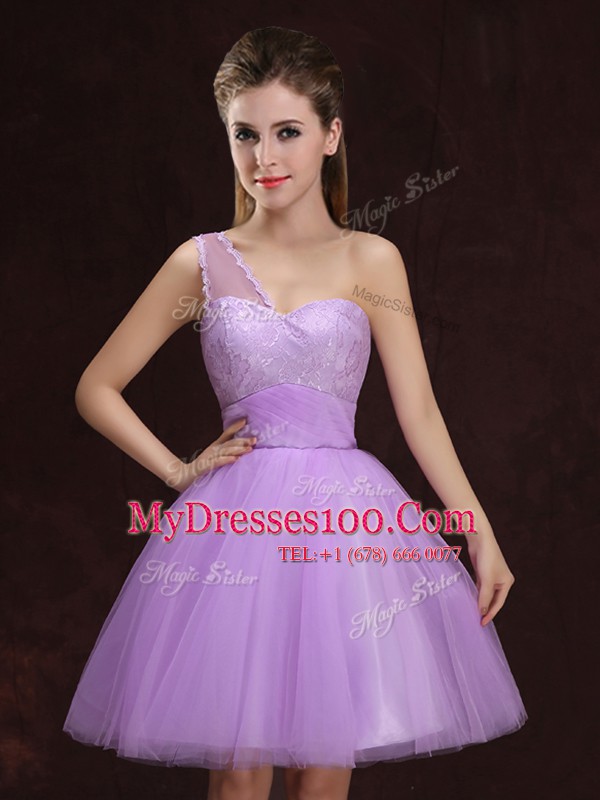 Beautiful Scoop Lilac Sleeveless Lace and Ruching Mini Length Bridesmaid Gown
