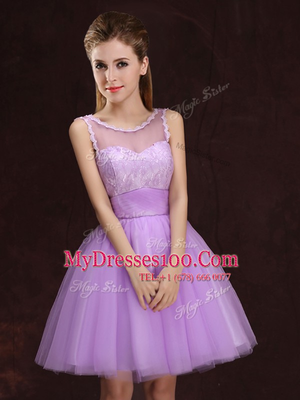 Beautiful Scoop Lilac Sleeveless Lace and Ruching Mini Length Bridesmaid Gown