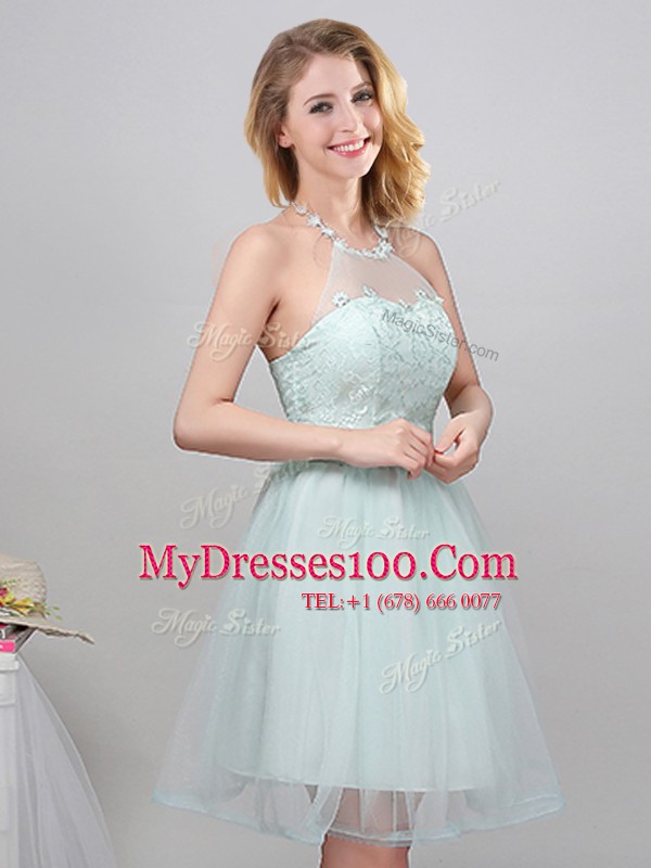 Apple Green Tulle Lace Up Halter Top Sleeveless Mini Length Court Dresses for Sweet 16 Lace and Appliques and Belt
