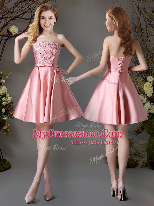 Pink Sleeveless Appliques and Bowknot Mini Length Wedding Party Dress