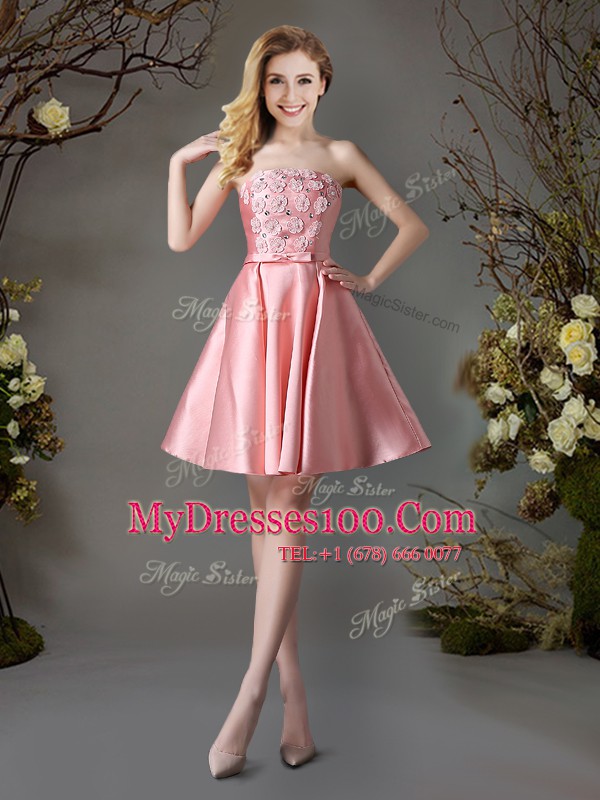 Pink Sleeveless Appliques and Bowknot Mini Length Wedding Party Dress