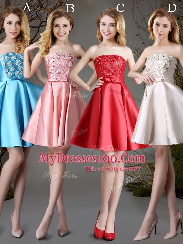 Pink Sleeveless Appliques and Bowknot Mini Length Wedding Party Dress
