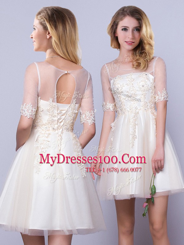 Affordable Scoop Half Sleeves Damas Dress Mini Length Appliques Champagne Tulle