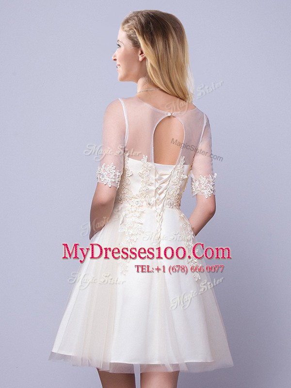 Affordable Scoop Half Sleeves Damas Dress Mini Length Appliques Champagne Tulle