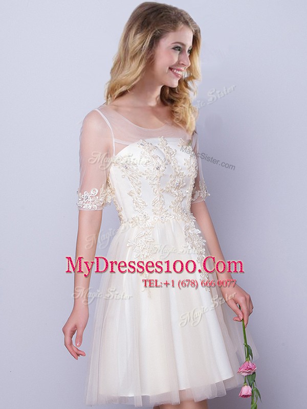 Affordable Scoop Half Sleeves Damas Dress Mini Length Appliques Champagne Tulle