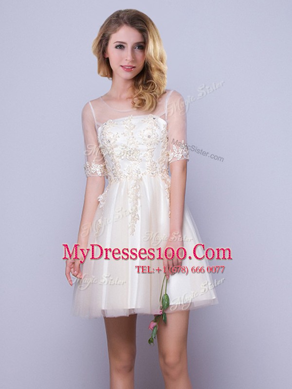 Affordable Scoop Half Sleeves Damas Dress Mini Length Appliques Champagne Tulle