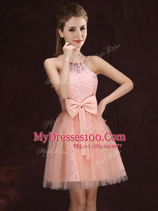 Hot Sale Halter Top Sleeveless Lace Up Mini Length Lace and Bowknot Bridesmaids Dress
