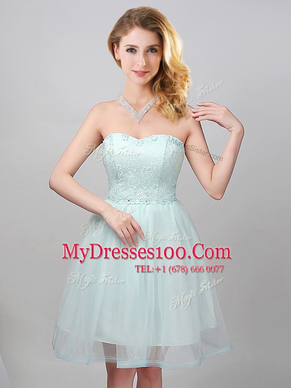 Tulle Off The Shoulder Sleeveless Lace Up Lace and Appliques and Belt Bridesmaids Dress in Apple Green