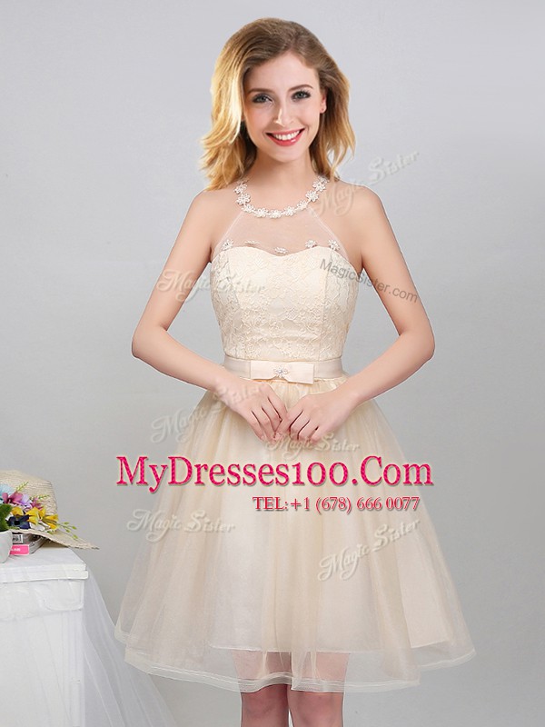 Fantastic Halter Top Champagne A-line Lace and Appliques and Belt Dama Dress Lace Up Tulle Sleeveless Mini Length