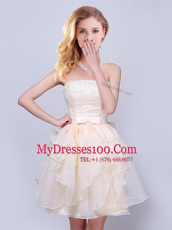 Perfect Sleeveless Lace Up Mini Length Lace and Ruffles and Belt Damas Dress